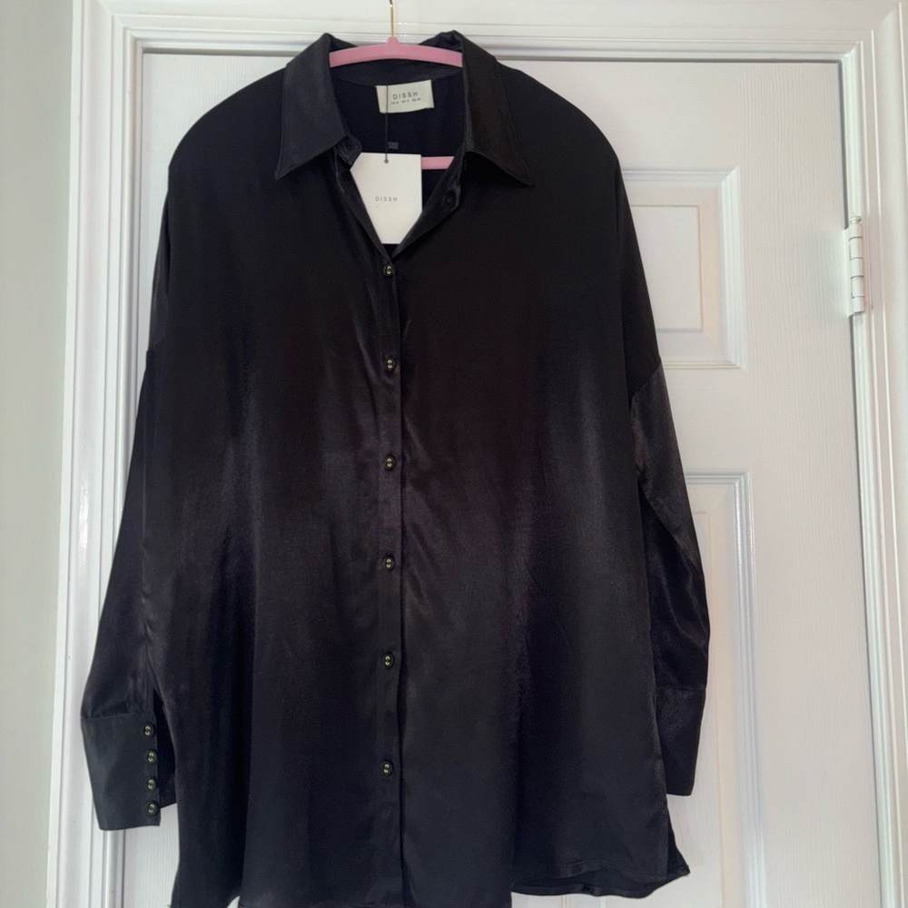 DISSH Black Satin Button-Up Shirt Dress US 4 | Oversized Luxe Blouse